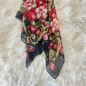 Echo Vintage 1970s to 1980s Black & Bright Pink Floral Rayon Scarf 🖤💐